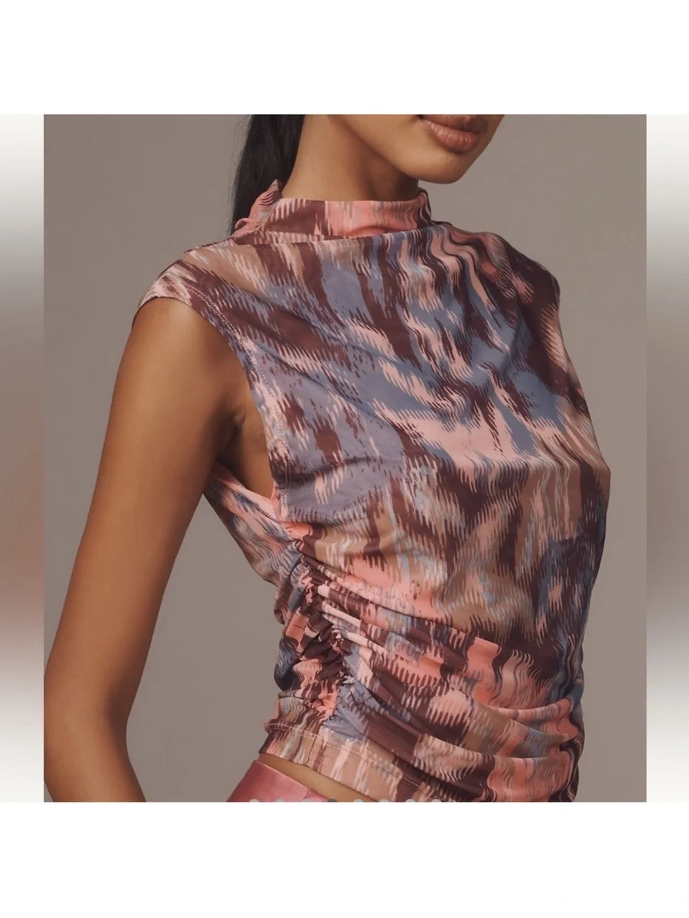 Anthropologie Maeve Mock Neck Mesh Muscle Top Side Ruched Pink Brown Sz L NEW